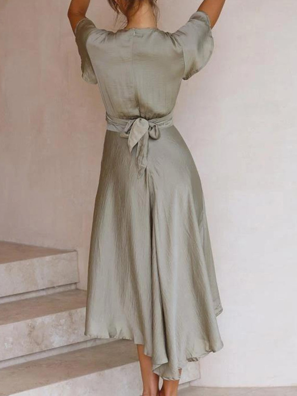 Sage Satin Maxi Wrap Dress: Twist-front Cutout
