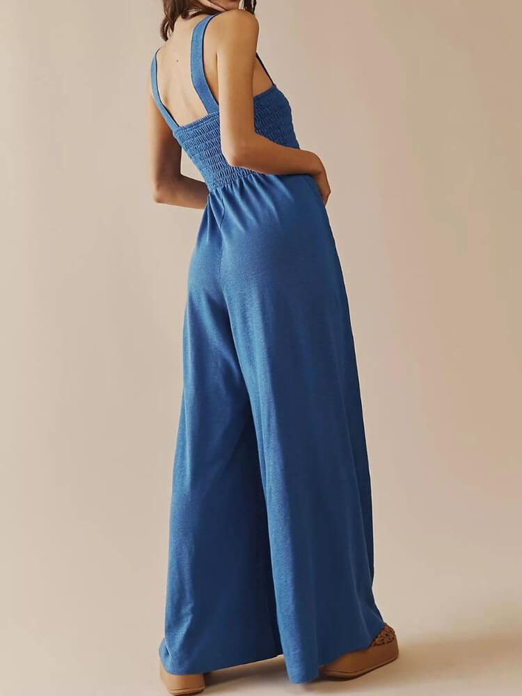 Smocked Pocketed Jumpsuit in Dusty Blue