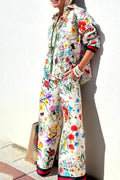 Unique Print Elastic Waist Pocketed Wide Leg Pants-set