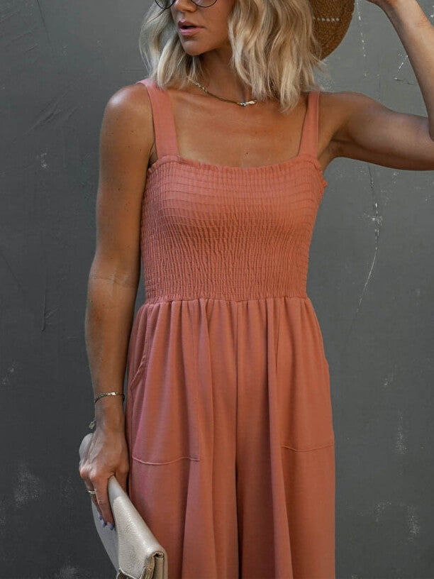 Smocked Pocketed Jumpsuit in Orenge