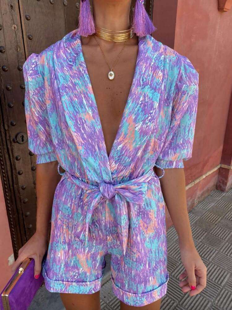 Candy Puff Sleeves Romper in Purple