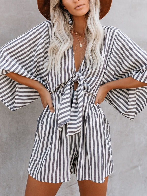 V-neck Cotton Pocketed Tie Romper