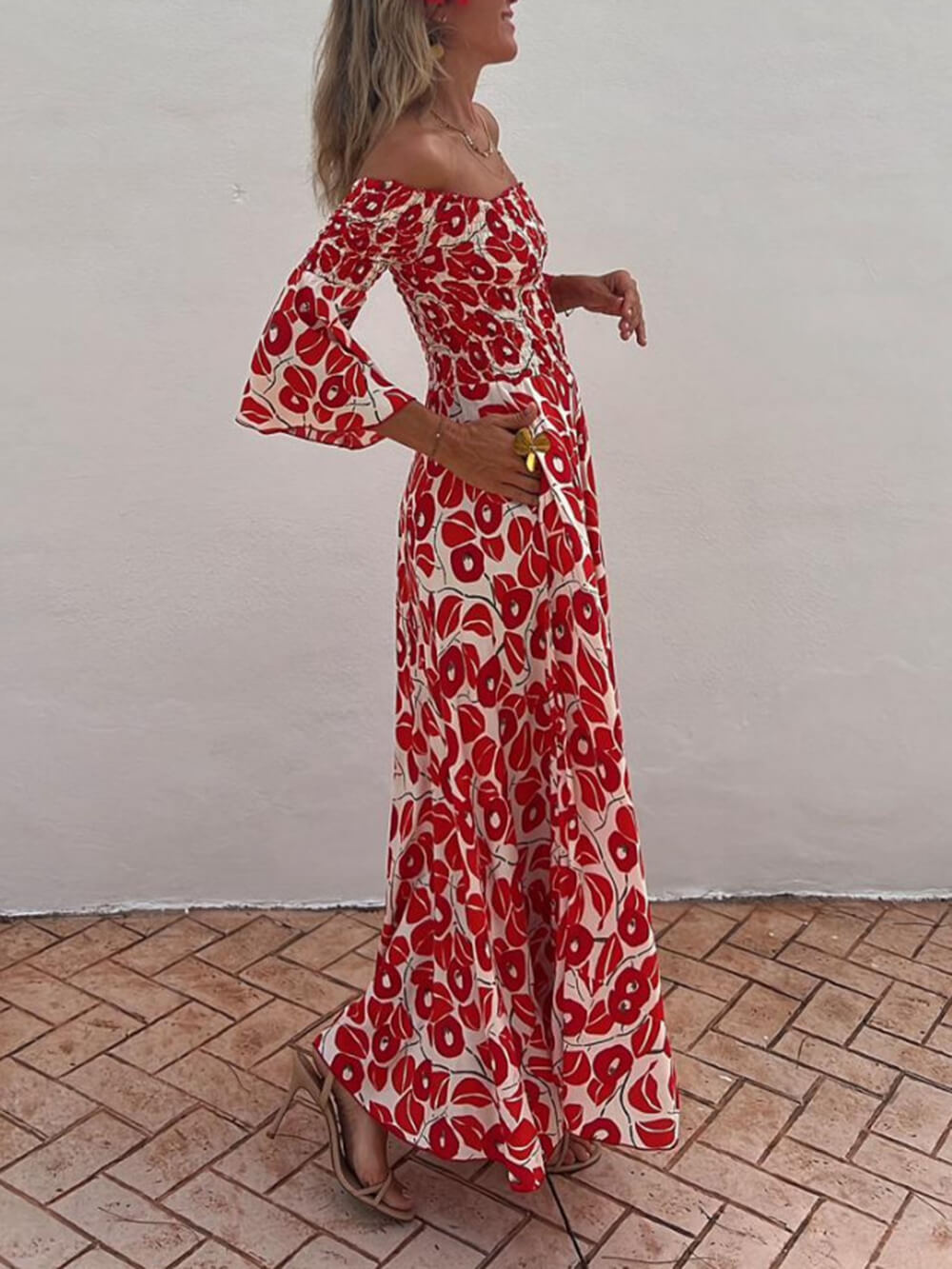 Print Smocked Off Shoulder Pocketed Maxi Dress