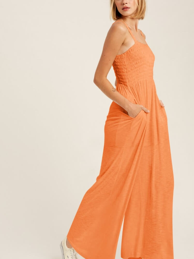 Smocked Pocketed Jumpsuit in Tangerine