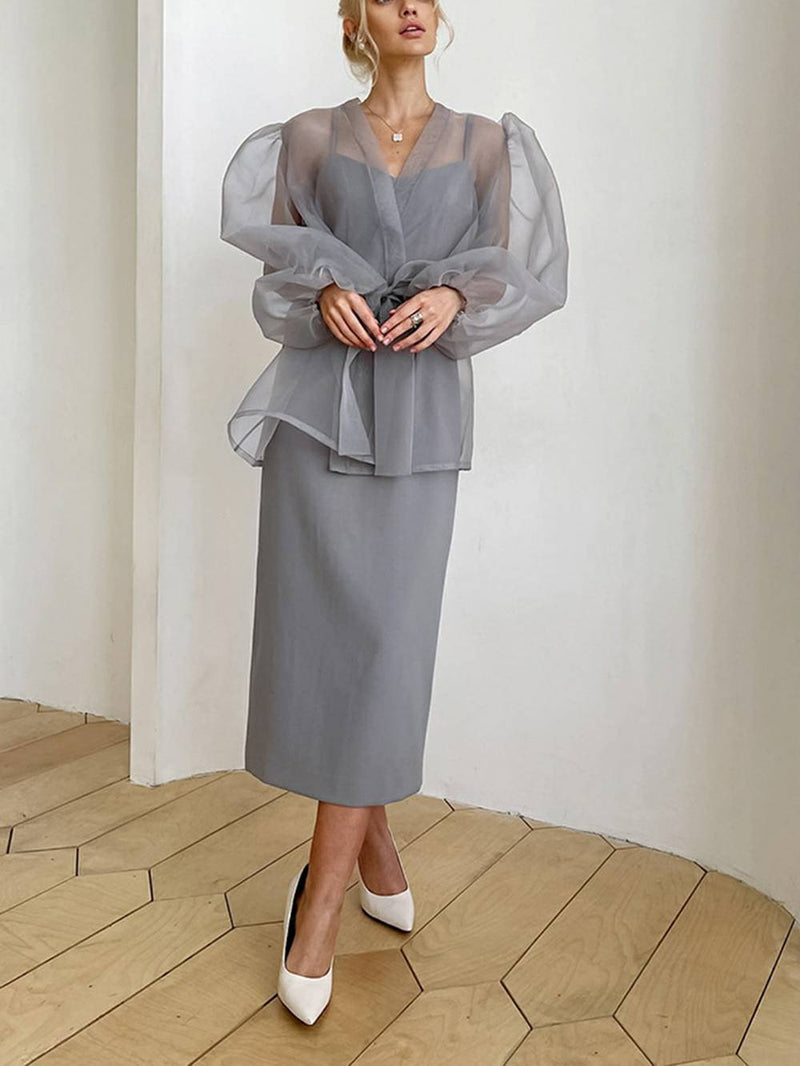 Sheer Top V Neck Long Puff Sleeves Bow Tie Blouse
