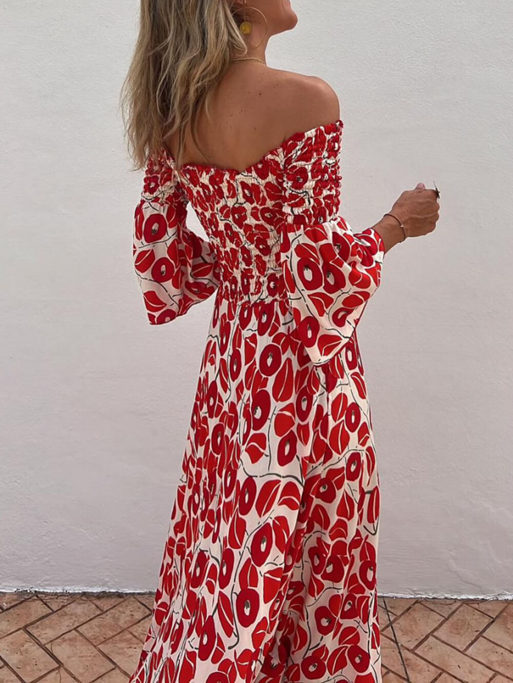 Print Smocked Off Shoulder Pocketed Maxi Dress