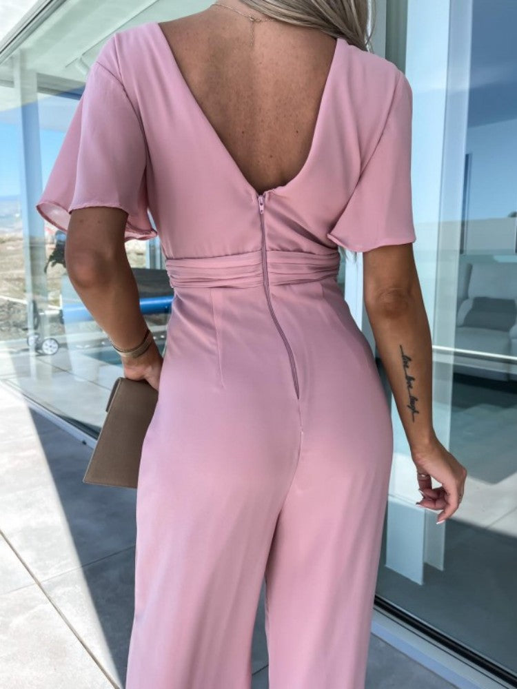 V Neck Mousseline Flutter Sleeve Jumpsuit in Dark Pimk