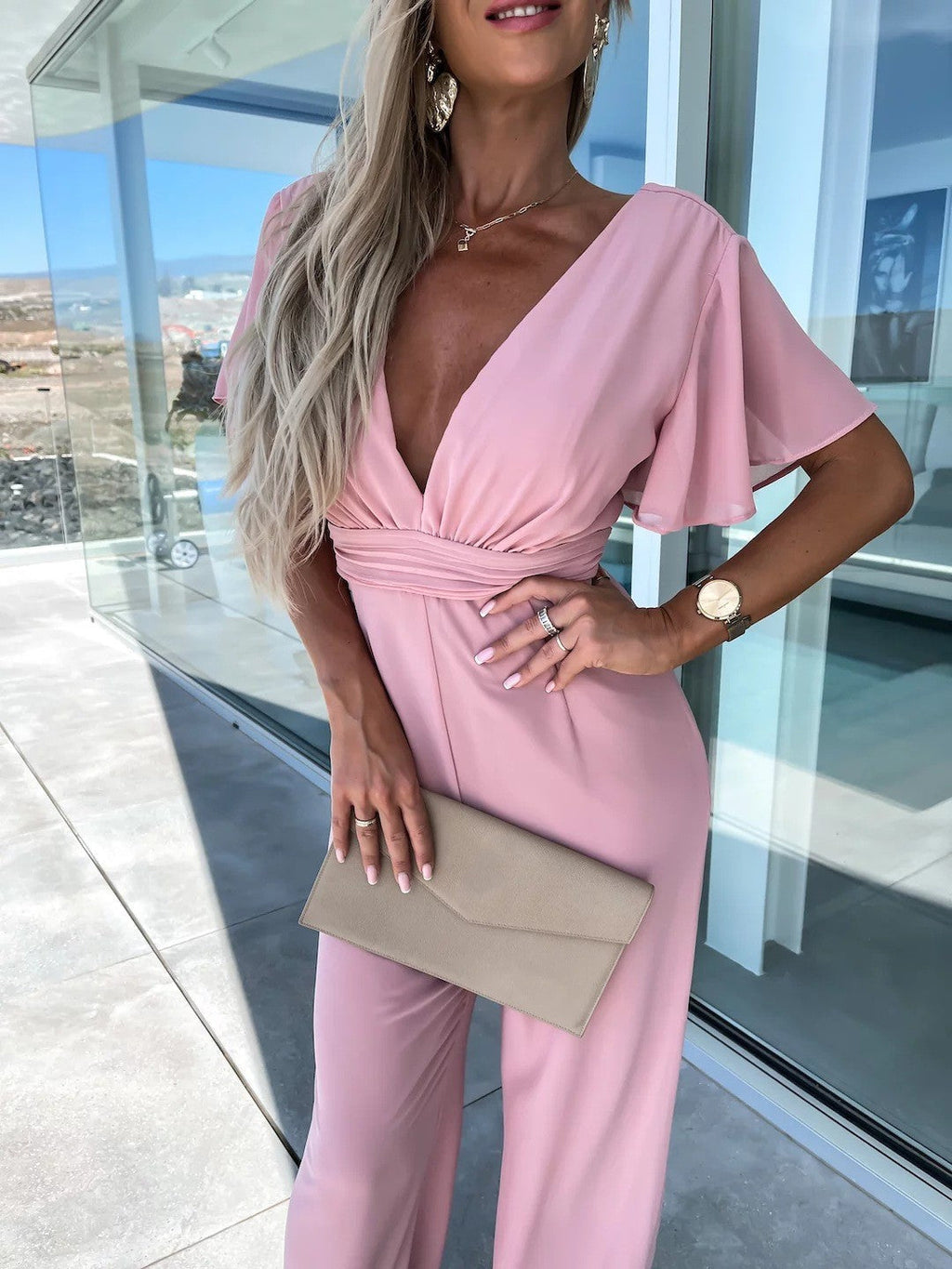 V Neck Mousseline Flutter Sleeve Jumpsuit in Dark Pimk
