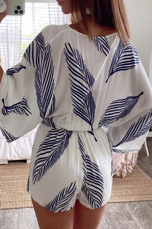 Kimono V Neck Leaf Print Wrapped Batwing Romper in White
