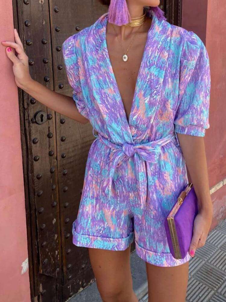 Candy Puff Sleeves Romper in Purple