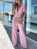 V Neck Mousseline Flutter Sleeve Jumpsuit in Dark Pimk