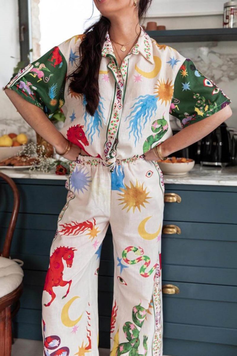 Unique Print Short Sleeve Loose Shirt and Elastic Waist Pants Set