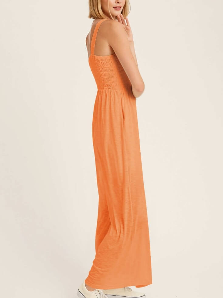 Smocked Pocketed Jumpsuit in Tangerine