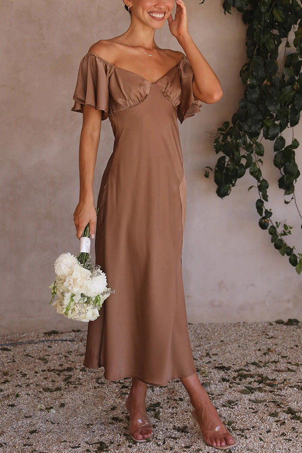 Side Split Midi Dress: Off the Shoulder Flutter Sleeve