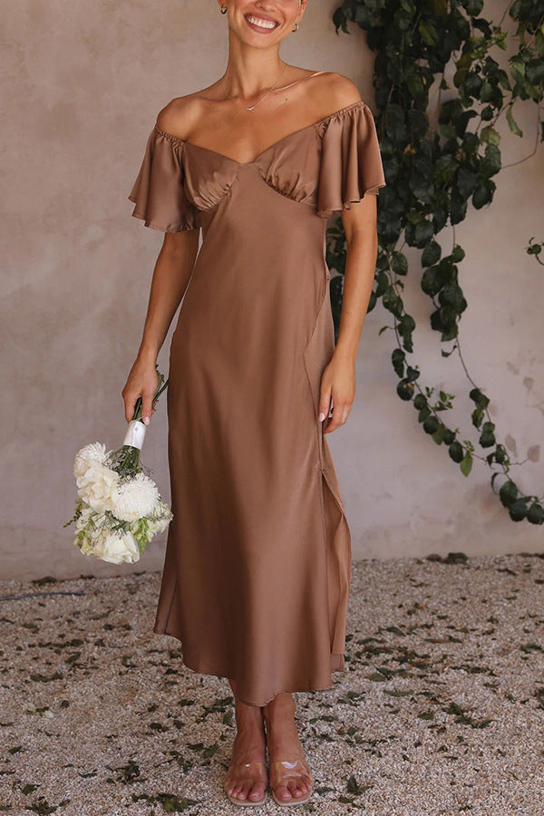 Side Split Midi Dress: Off the Shoulder Flutter Sleeve