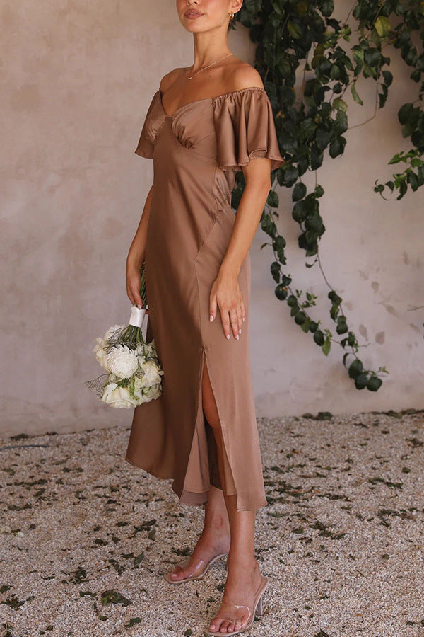 Side Split Midi Dress: Off the Shoulder Flutter Sleeve