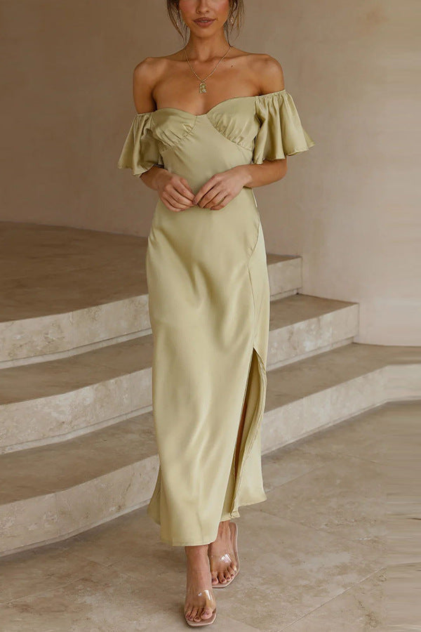 Side Split Midi Dress: Off the Shoulder Flutter Sleeve