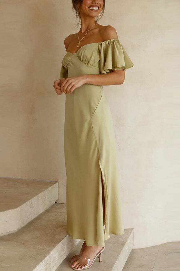 Side Split Midi Dress: Off the Shoulder Flutter Sleeve