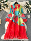 Flared Sleeves Loose Belted Contrast Color Pleated Midi Dresses