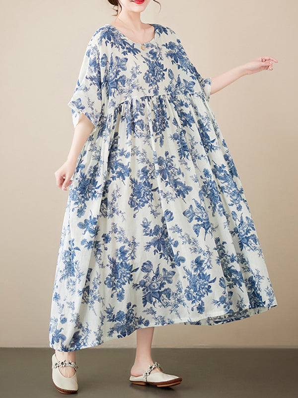 Loose Short Sleeves Printed Pleated Split-joint Round-neck Midi Dresses