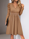 Puff Sleeves Skinny Pleated Color Split-joint V-neck Midi Dresses