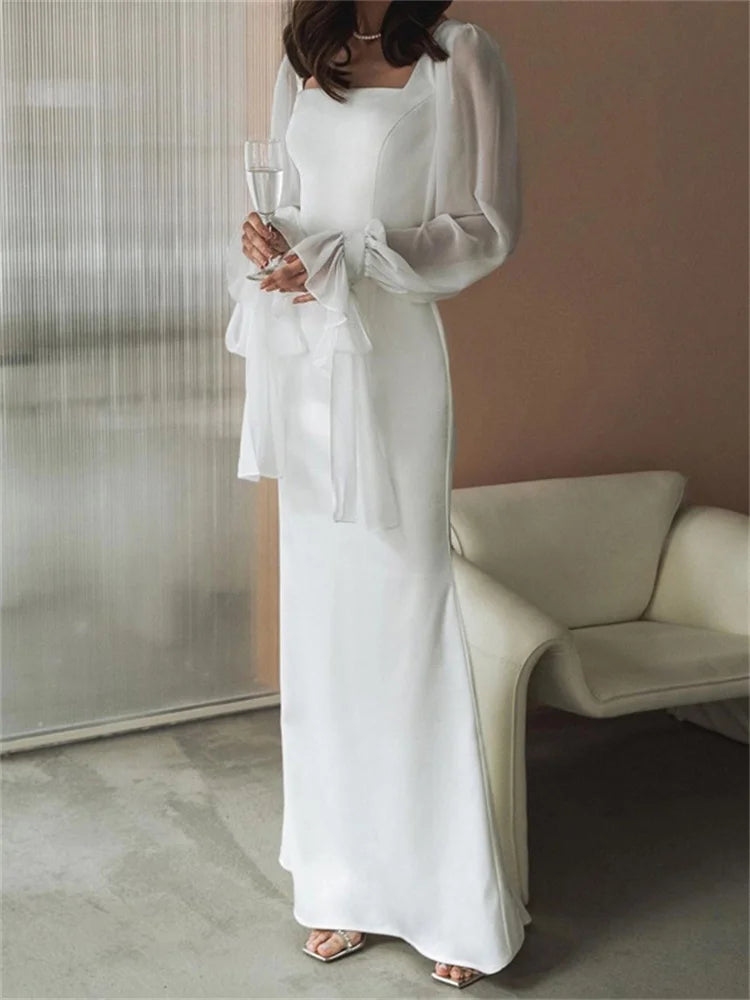 White Ruffled Mesh Maxi Dress – High Waist Patchwork Slim Party Lace-up Long Dress