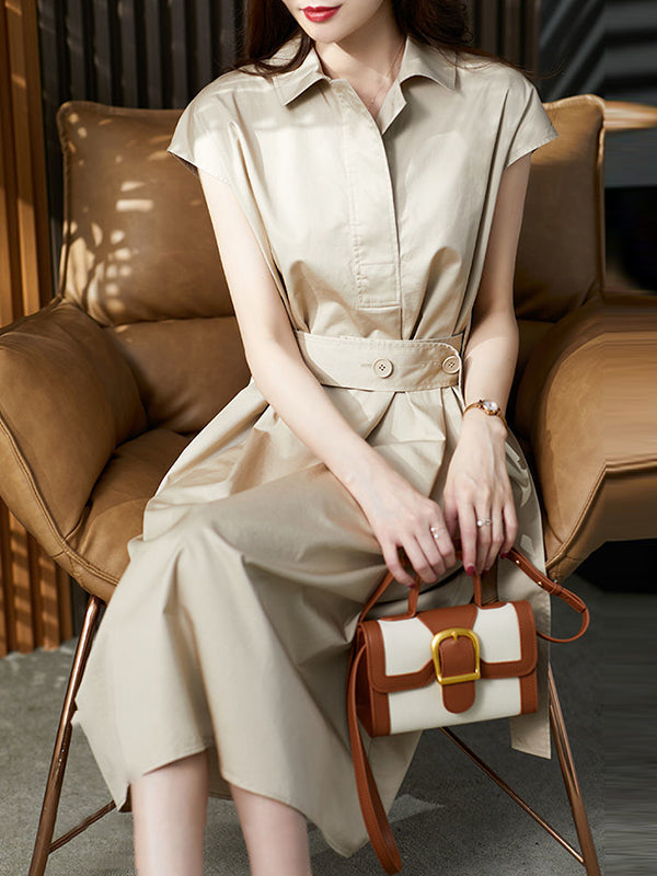 Short Sleeves Bandage Color Lapel Midi Dresses