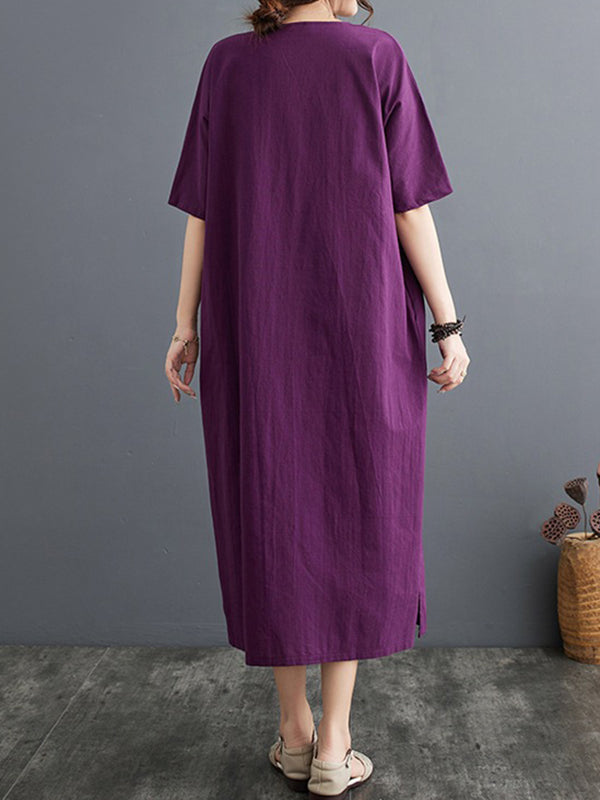 A-line Loose Chinese Frog Buttons Pockets Color Split-side V-neck Midi Dresses