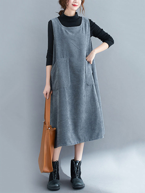 Corduroy Sleeveless Split-joint Round-neck Midi Dress