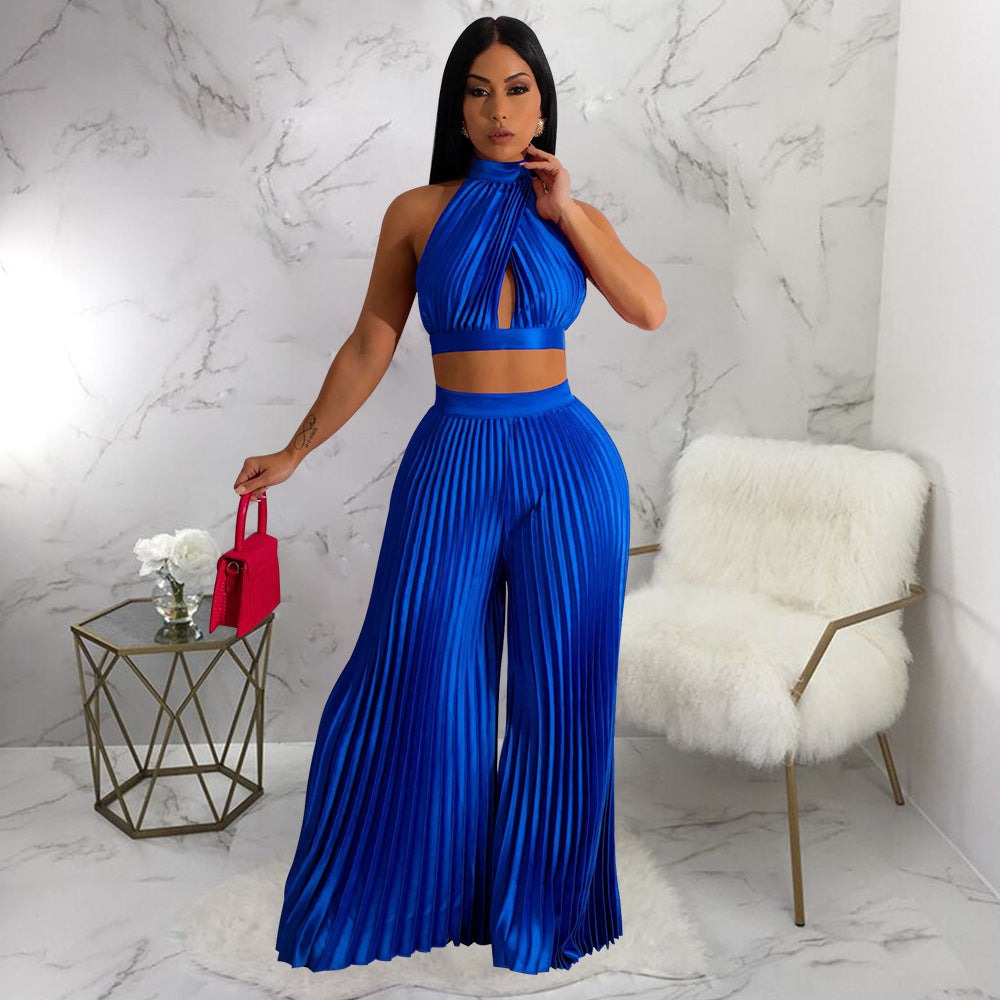 Clothing Halter Backless Artificial Silk Pleated Wide Leg Pants Two Piece Set