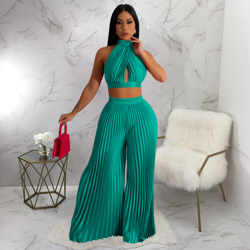 Clothing Halter Backless Artificial Silk Pleated Wide Leg Pants Two Piece Set
