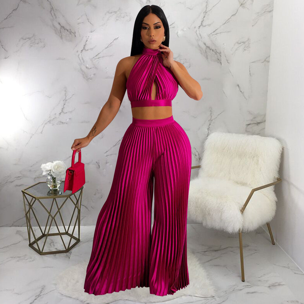 Clothing Halter Backless Artificial Silk Pleated Wide Leg Pants Two Piece Set