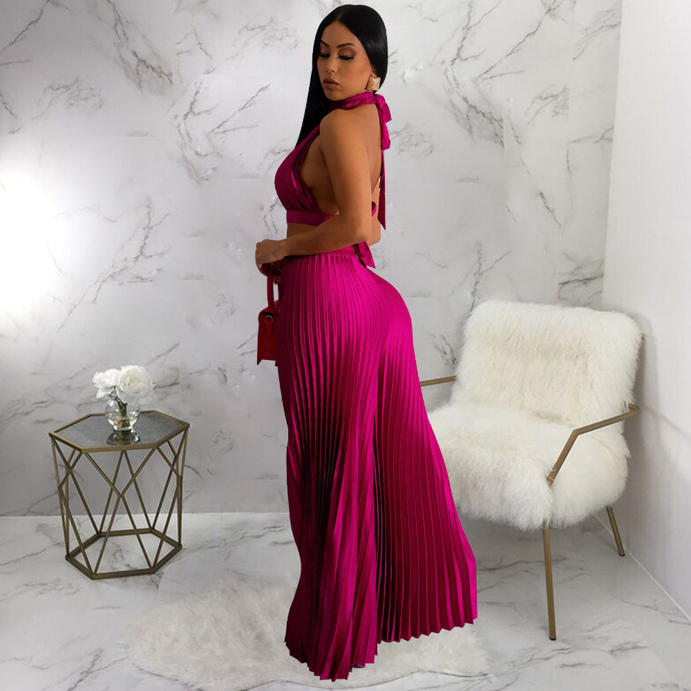 Clothing Halter Backless Artificial Silk Pleated Wide Leg Pants Two Piece Set