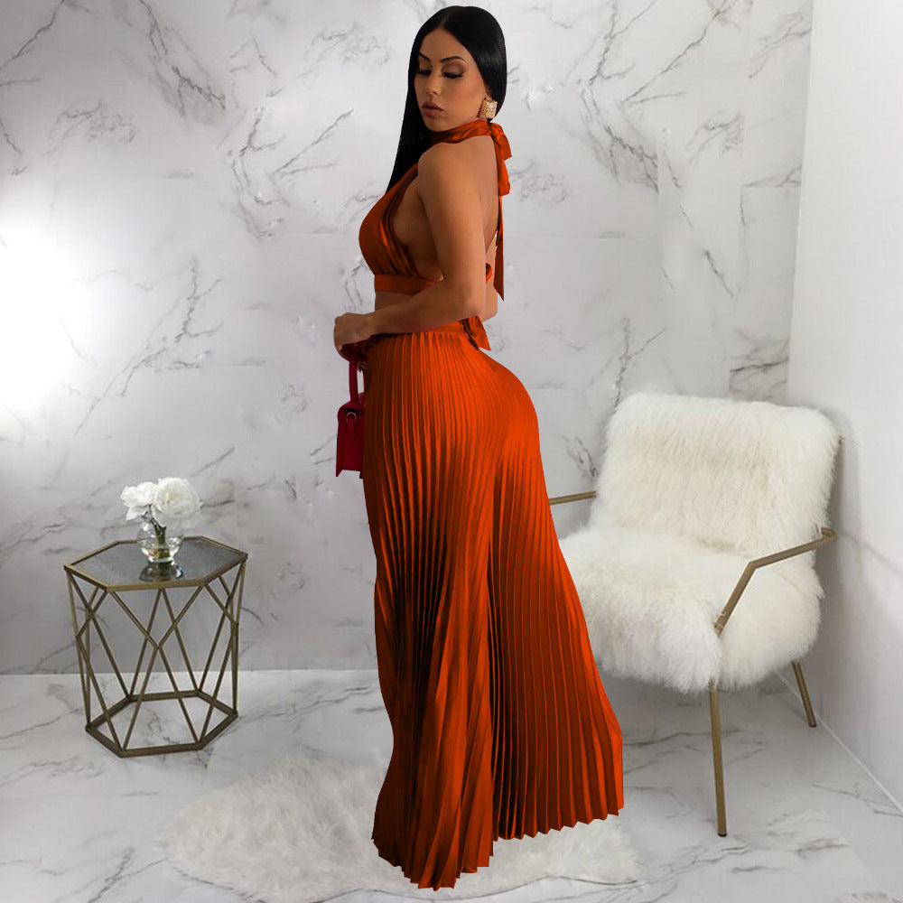Clothing Halter Backless Artificial Silk Pleated Wide Leg Pants Two Piece Set