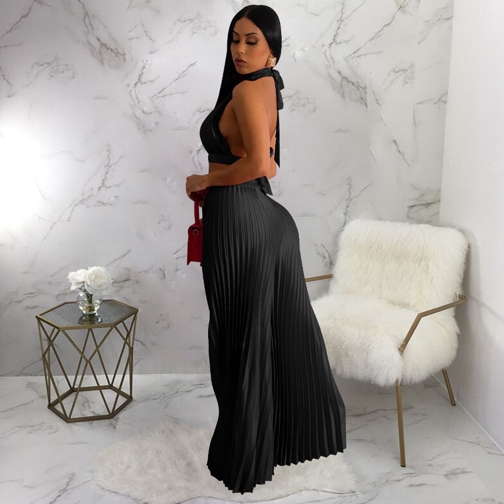 Clothing Halter Backless Artificial Silk Pleated Wide Leg Pants Two Piece Set