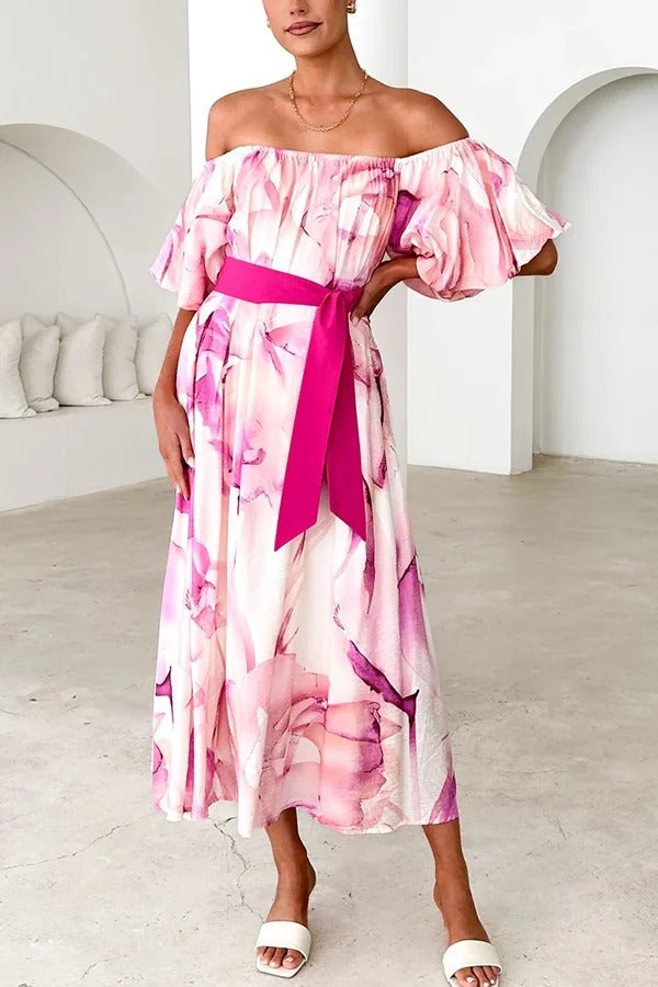 Print Puff Sleeve Tie-waist Midi Dress