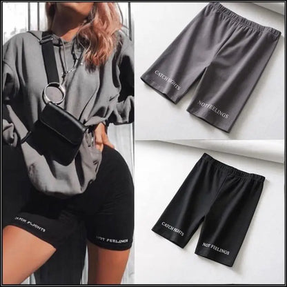 Summer Biker Shorts Elastic Waist Skinny Fitness Korean Letter Print Black Shorts Pantalones Black