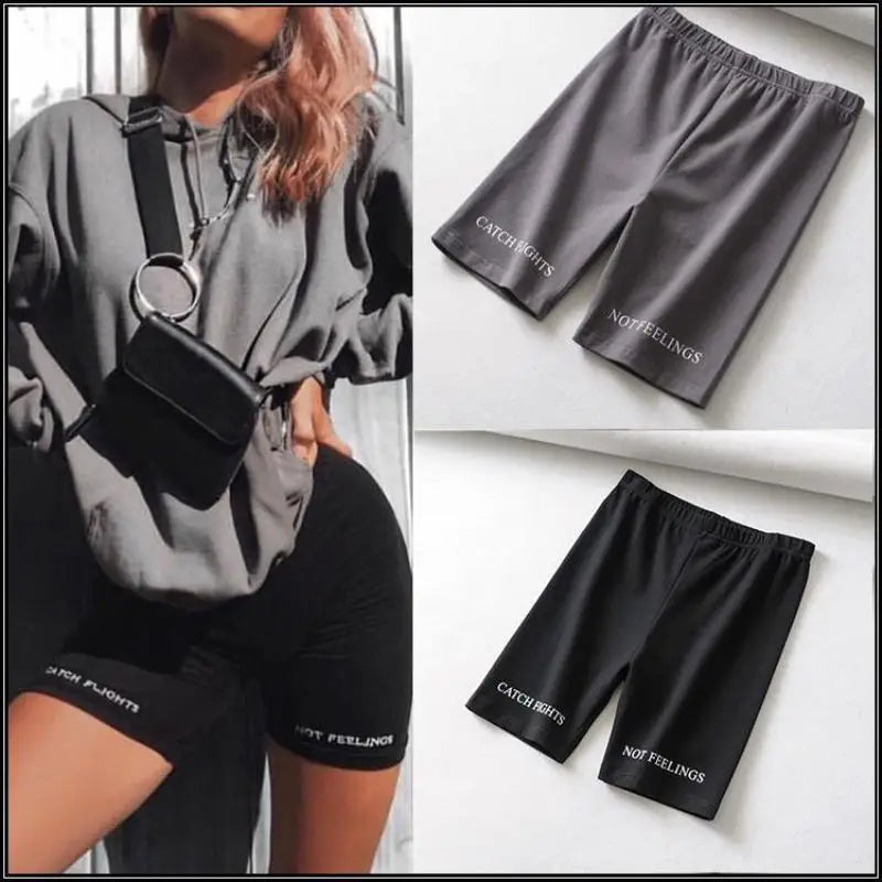 Summer Biker Shorts Elastic Waist Skinny Fitness Korean Letter Print Black Shorts Pantalones Black