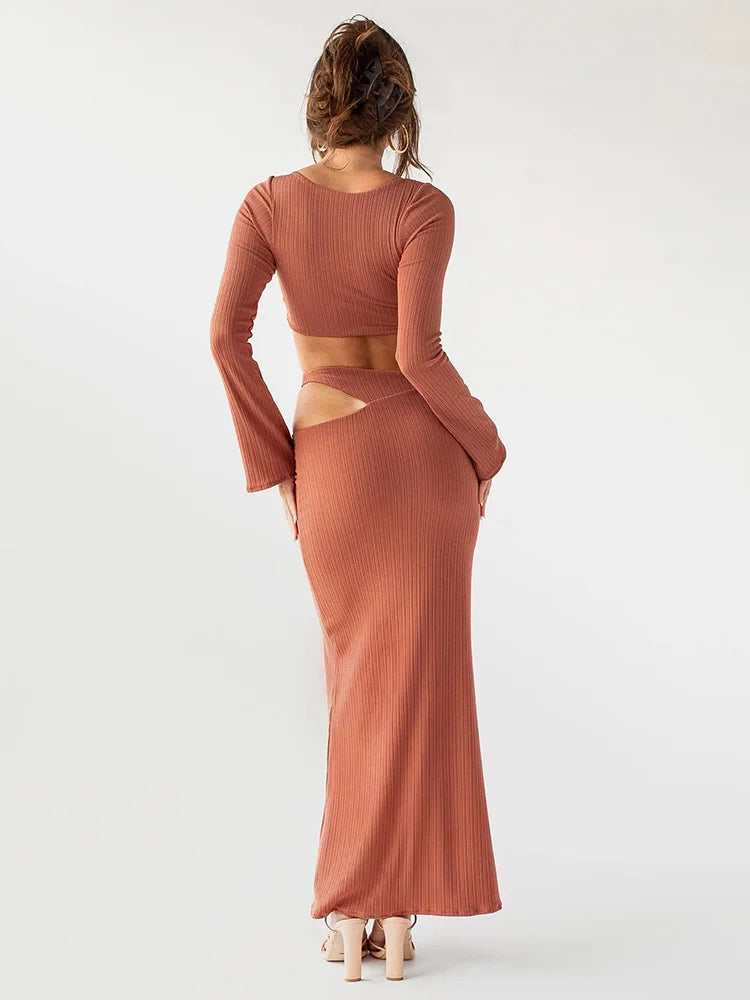 V-neck Hollow Out Maxi Dress Brown Long Sleeve Dress Female Summer Skinny Party Clubwear