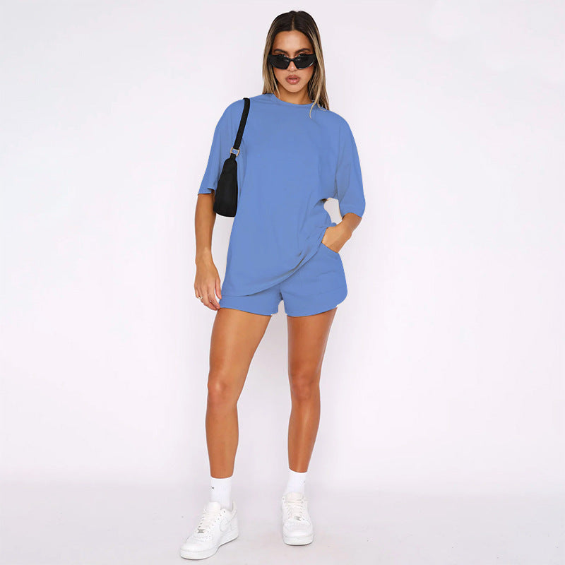 Color Round Neck Half Sleeve Pullover Top Clothing Shorts Suit Summer