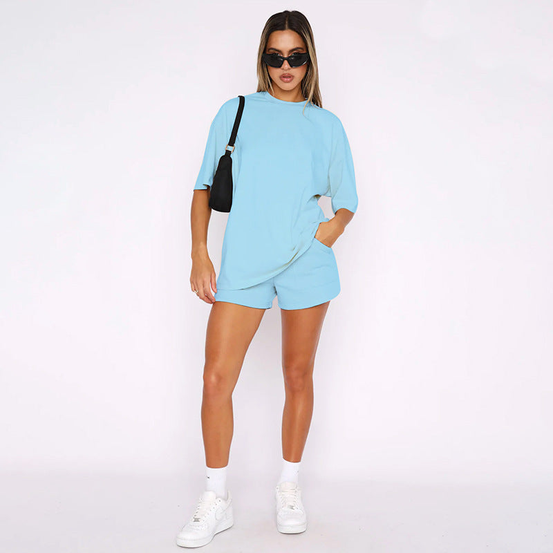 Color Round Neck Half Sleeve Pullover Top Clothing Shorts Suit Summer