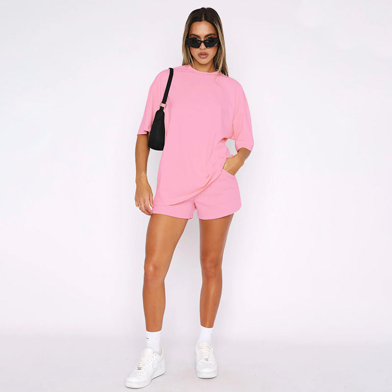 Color Round Neck Half Sleeve Pullover Top Clothing Shorts Suit Summer