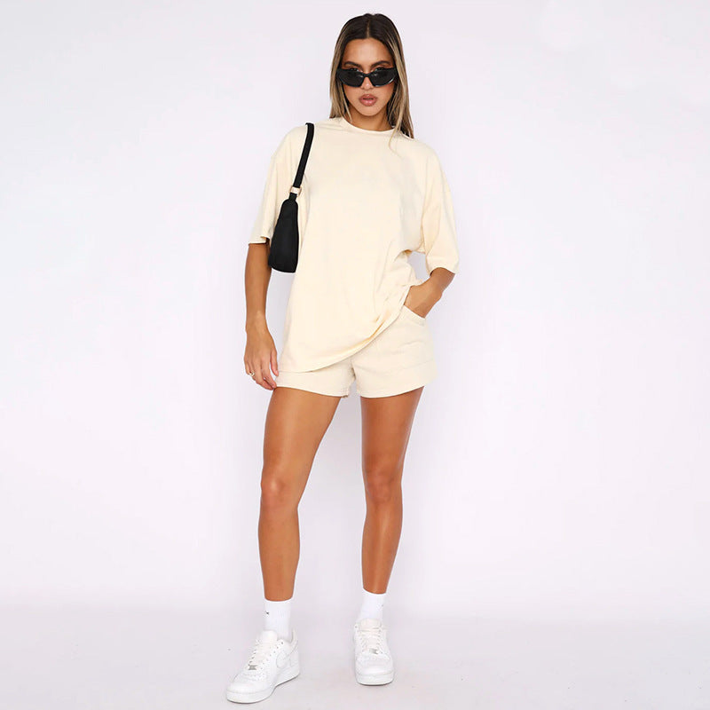 Color Round Neck Half Sleeve Pullover Top Clothing Shorts Suit Summer
