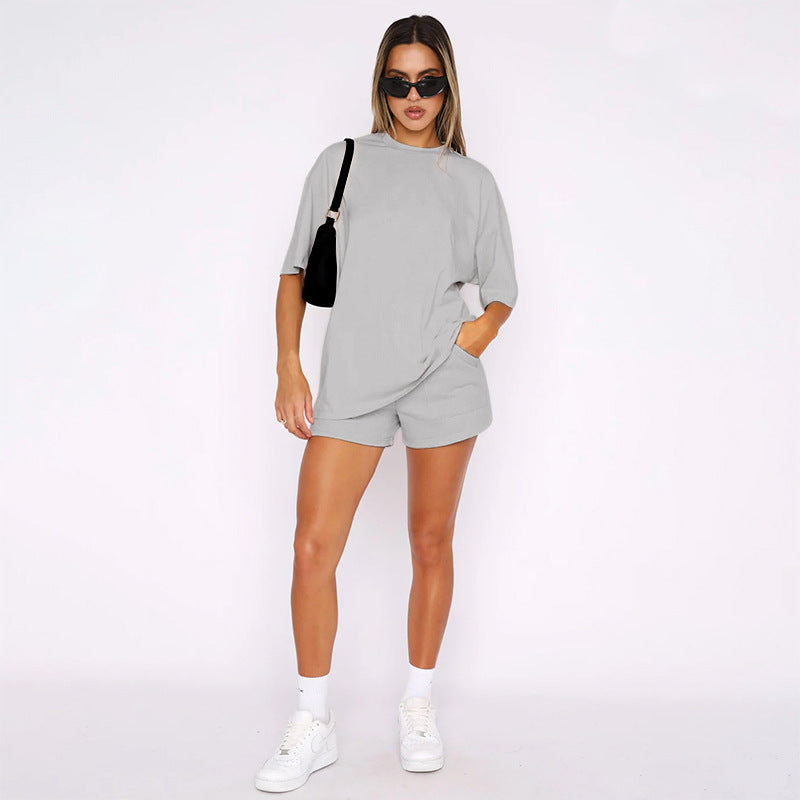 Color Round Neck Half Sleeve Pullover Top Clothing Shorts Suit Summer