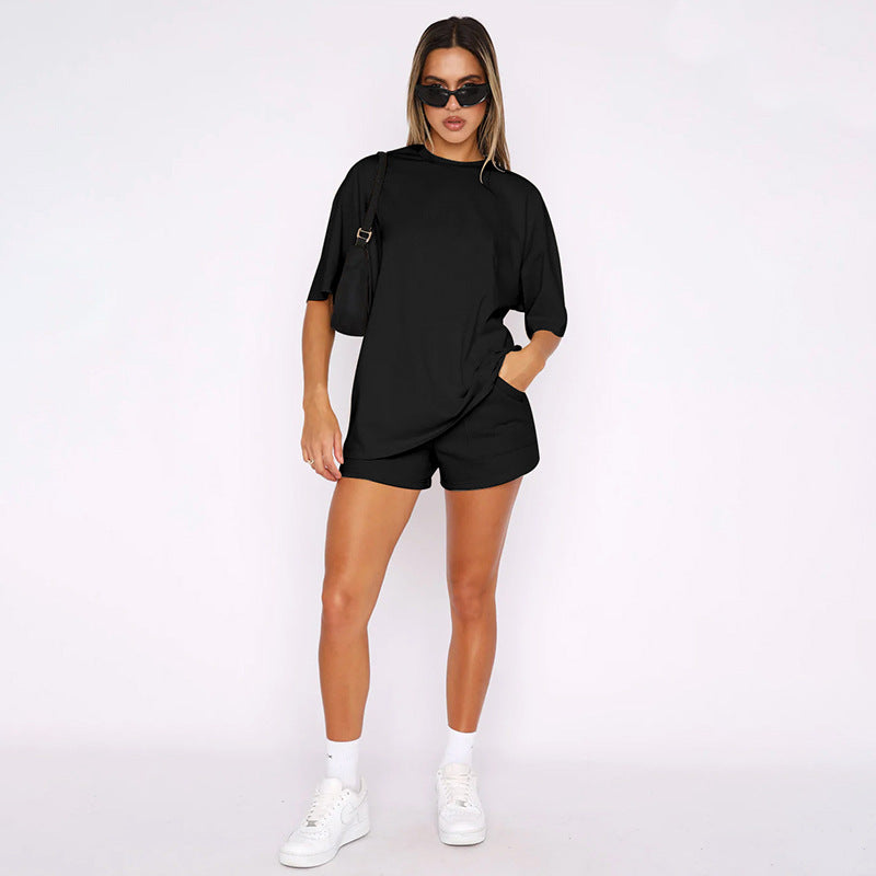 Color Round Neck Half Sleeve Pullover Top Clothing Shorts Suit Summer
