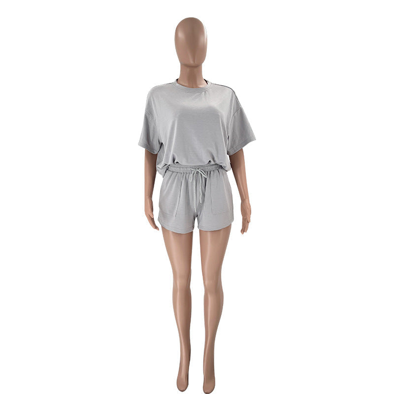 Color Round Neck Half Sleeve Pullover Top Clothing Shorts Suit Summer