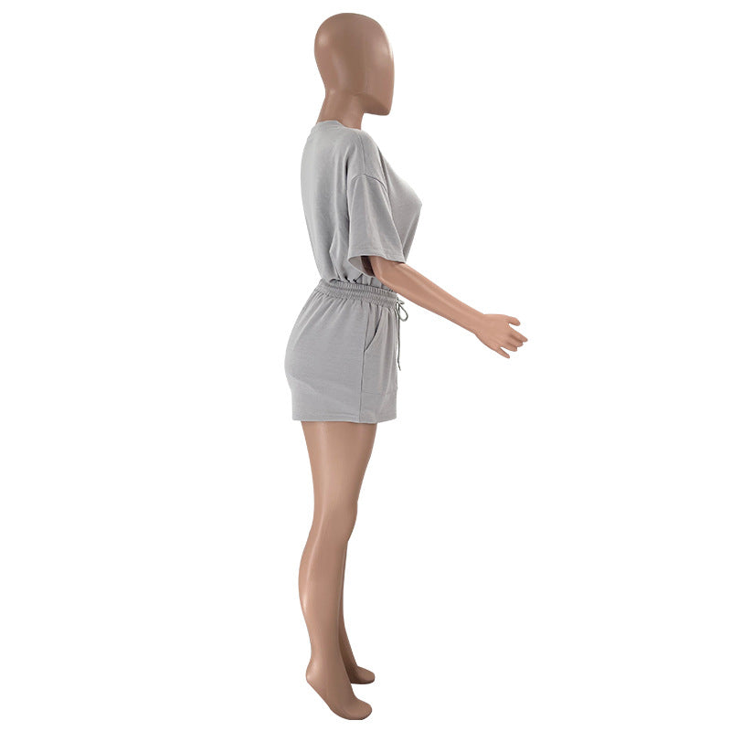 Color Round Neck Half Sleeve Pullover Top Clothing Shorts Suit Summer