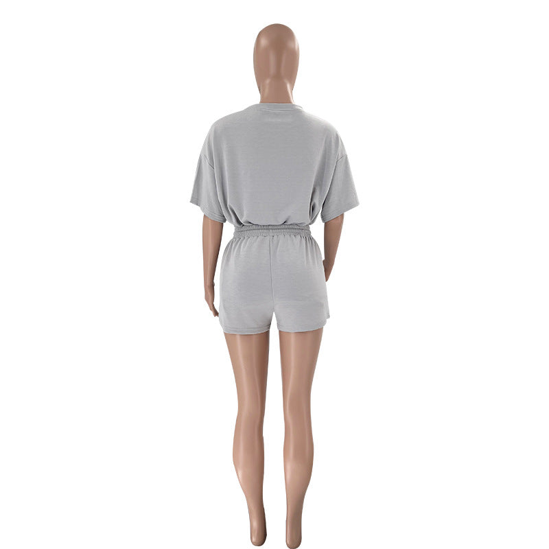 Color Round Neck Half Sleeve Pullover Top Clothing Shorts Suit Summer