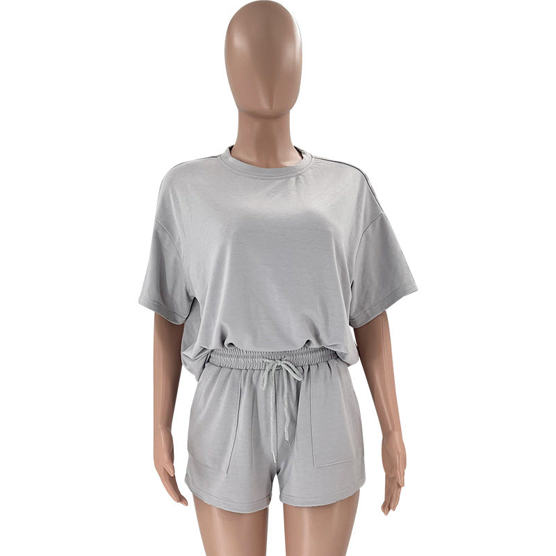 Color Round Neck Half Sleeve Pullover Top Clothing Shorts Suit Summer
