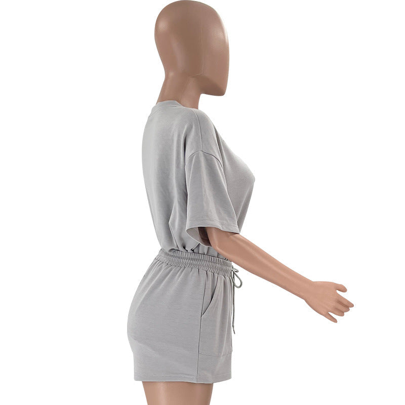 Color Round Neck Half Sleeve Pullover Top Clothing Shorts Suit Summer